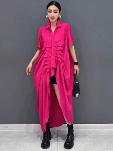 XITAO Irregular Singe Breasted Short Sleeve Dress Mid-calf A-line Solid Color Turn-down Collar Female Dress GMM1371