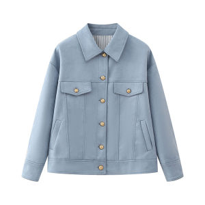 Etam Womens Suede Jacket Loose Style Spring Autumn Top Quality Polyester Fiber Long Sleeve Button Closure Pure Color