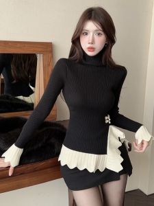 GUZILIAN | Retro Button-Up High Neck Knitwear Womens Fashion Asymmetrical Base Layer Sweater Winter Design Sensation Color Collision Flounce Sleeve