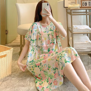 Sweet Womens Nipple Coverage Thin Nightdress Short Sleeve Skirt Lightweight Breathable Rayon Home Wear Loose Long Dress
