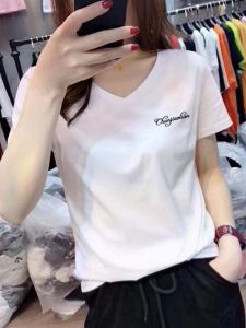 Pure Cotton Short Sleeve T-Shirt Womens Trendy 2025 Summer New Loose Versatile V-neck Slimming Half Sleeve Top