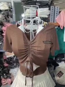 Áo CropTop Cổ V Giả Yếm Xinh Rút Dây Ngực Cực Đẹp SOS2 / Áo Thun Nữ Tay Ngắn Phối Yếm Rút Dây Eo Xinh