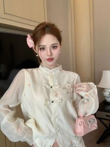 GUZILIAN | Elegant Embroidered Heavy Work Shirt For Women Vintage Style Button Design Zen Influence Spring Autumn New Chinese National Style