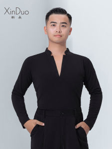 New Dore Latin Dance Shirt Long Sleeve V-Neck Slim Fit Black for Men Suitable for Standard Modern Dance Practice Uniform