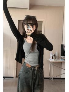 Áo Len Cardigan Mỏng Dài Tay Màu Đen Chống Nắng Cho Nữ Đầu Thu 2025 Áo Khoác Ngoài Ngắn Cho Nữ Cỡ Nhỏ Áo Khoác Cardigan