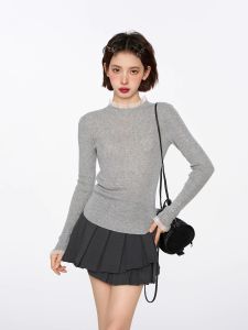 Áo Len Dệt Kim Dài Tay Màu Xám Ren Cổ Cao Ôm Vừa Vặn Áo Sơ Mi Lót Bên Trong Đầu Mùa Thu Đông Áo Len Nữ Cổ Tròn Thường Ngày