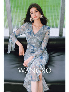 WANGXO | Đầm Ôm Vintage Voan Chiffon In Nước Hoa Văn Ren Hoa Xòe Dưới Ngực