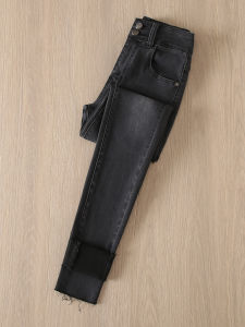 High Waist Slim Fit Womens Denim Jeans Elasticity Faded Effect Frayed Hem Pencil Pants Grey Smoke Double Buckle Casual Style