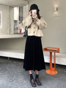 Velvet A-Line Midi Skirt Womens Autumn Winter Fleece High Waist Slimming Gold Velvet Skirts Fashionable Versatile Solid Color