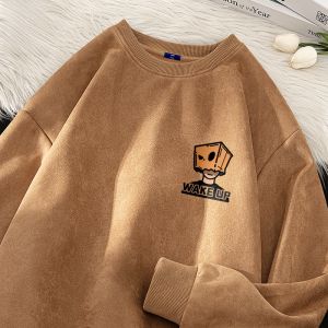 หนังกลับย้อนยุคของผู้ชาย Genio Lamode ผ้าขนแกะ เสื้อสเว็ตเชิ้ต เฮฟวี่เวท ปัดขน เรียงราย เสื้อแจ็คเก็ต ลำลอง หลวม Fit พิมพ์ โพลีเอสเตอร์ Blend