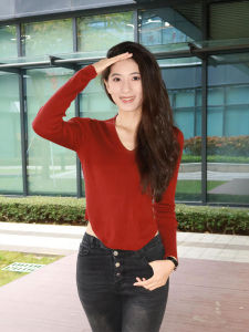 YUFUQING | Red V-Neck Knitted Sweater Womens Slim Fit Long Sleeve Base Shirt Spring 2025 New Style Pure Color Top Layer Inner Wear