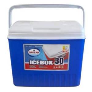 Original Orocan Blue and red Icebox coolers stacked in two columns with capacities 815 30 45 5065 liters. All Size Available