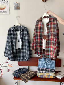 Áo Sơ Mi Kẻ Caro Hàn Quốc Cổ Polo Tay Dài Dáng Rộng Thoải Mái Cho Nữ Mùa Xuân 2025 Áo Khoác Ngoài Đa Năng