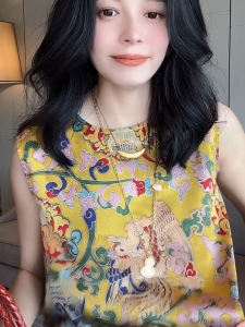 เสื้อกั๊กแขนกุดพิมพ์ลายสไตล์จีนย้อนยุค ทรงหลวม ปกโปโล ผ้าฝ้ายผสมโพลีเอสเตอร์ ฤดูร้อน 2025 แฟชั่นสุดหรู