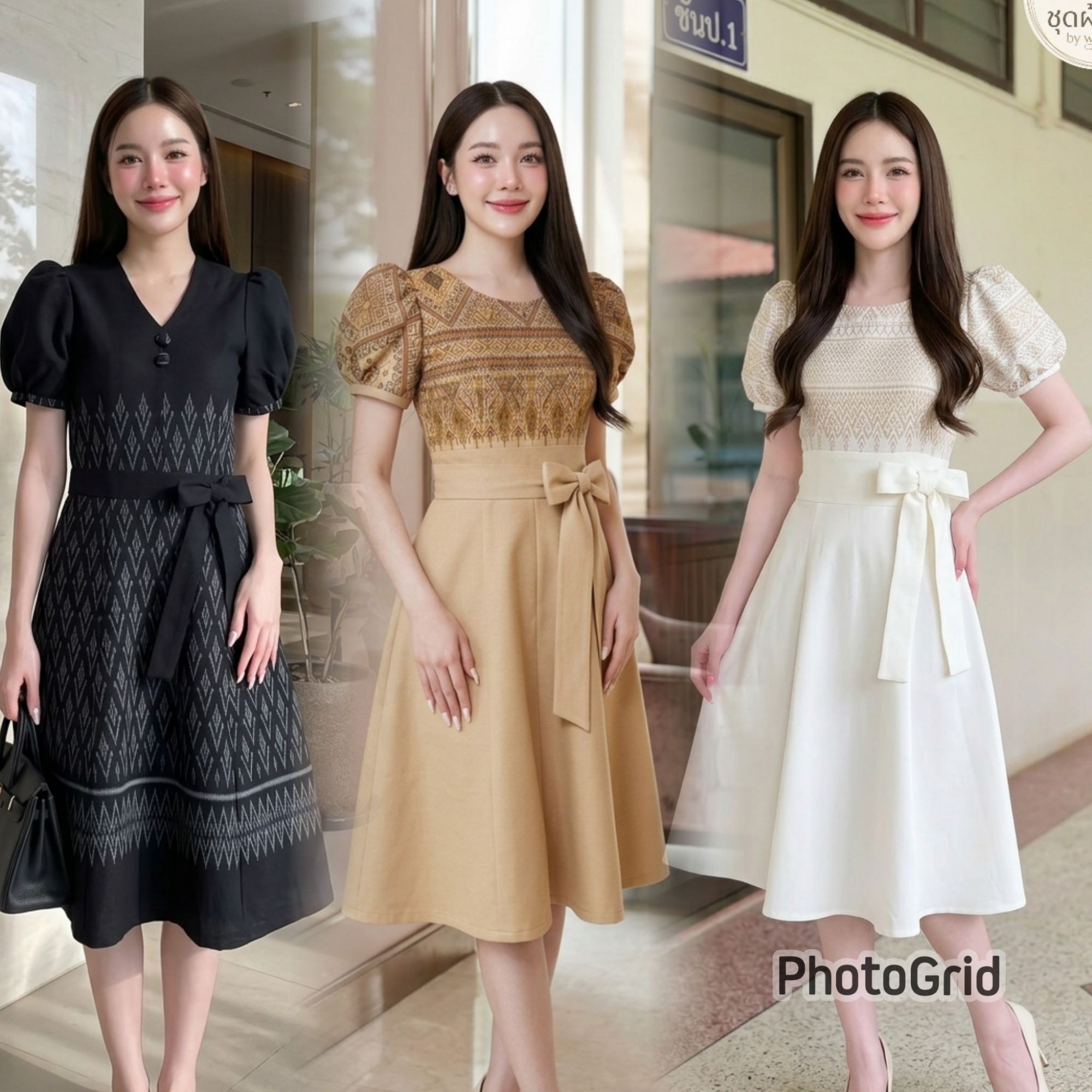 เดรสผ้าไทยหมักโคลนลายพิมพ์ สีดำ ทรงเจ้าหญิง แขนตุ๊กตา โบว์เอว ผ้าฝ้ายพรีเมี่ยม สีไม่ตก รีดง่าย
