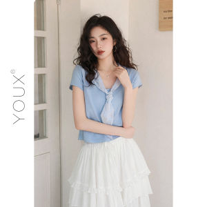 YOUXIANG | Áo Thun V-neck Ngắn Có Cà-vạt Hoa Xanh