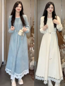 Elegant White French Style Dress Womens Autumn Winter Inner Wear Base Layer Long Skirt Casual High Waist Polyester Blend