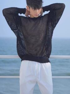 Tay Áo Dài Dệt Kim Rỗng Phong Cách Laid-back Áo Nỉ Áo Sweatshirt Rộng Rãi Fit Chống Nắng Lưới Áo Khoác Ngoài Áo Khoác Thoải Mái Thanh Niên Phổ Biến Đồ Len