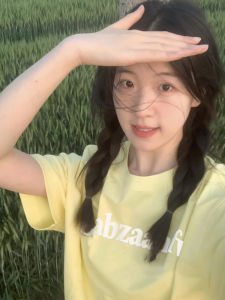 Sweet Ulzzang Yellow Cotton Short Sleeve T-Shirt Womens Summer Dopaamine Simple Letter Print Loose Fit round Neck Top