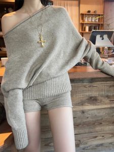 BINKAFENNY | Early Autumn Korean Style Knitted Sweater And Short Pants Two-Piece Set Small Fragrance Style Slant Shoulder Sweater Set For Women