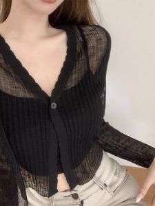 Áo Len Cardigan Dệt Kim Lụa Băng Mỏng Mùa Hè Cho Nữ Áo Khoác Ngoài Tay Ngắn Màu Trơn Dáng Rộng Phong Cách Hàn Quốc