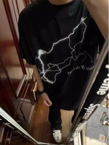 Loose Fit American Retro Lightning Pure Cotton Short Sleeve T-Shirt for Men And Women Summer Couples Clothing Youth Trend