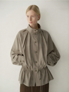 INSIS FEMME | Tencel Wool Simple Vintage Low Waist Drawstring Sleeve Flower Bud Jacket