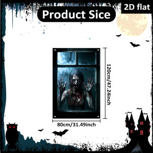 Halloween Horror Zombie Woman Window Curtain Bloody Ghost Window Backdrop for Haunted House Halloween Party Window Wall Decor