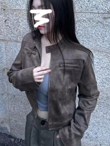 American Retro Zipper Cardigan Short Leather Jacket Maillard All-Matching Slim Fit Street Stand Collar PU Leather Jacket Tide