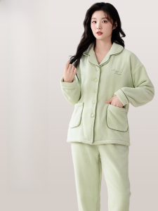 MiiOW | Bộ đồ ngủ lông cừu Coral Cat Person dành cho nữ mùa thu đông dày dặn dài tay quần dài vải nỉ mặc ở nhà mặc ngoài trời