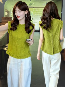High End Wooden Ear Stand Collar Sleeveless Womens Blouse Small Figure Fashion Sweet Shirt