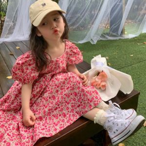 Melario | Summer New Red Square Neck Bubble Sleeve Floral Princess Dress for Birthday Parties Casual Clothes for Girls Aged 3-7