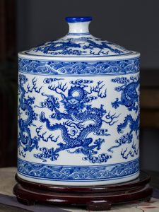 Chinese Style Blue and White Dragon Pattern Ceramic Tea Caddy