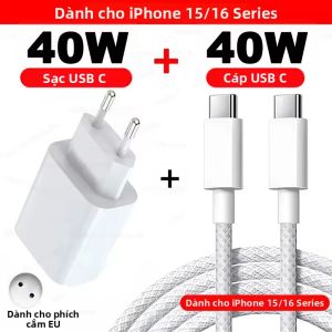 Sạc Nhanh PD 40W USB Type C Bộ Chuyển Đổi EU/US Kèm Cáp Sạc Nhanh Dành Cho iPhone 16/15/14/13/12/11 Pro Max Plus Phụ Kiện Điện Thoại