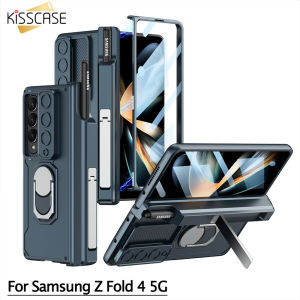【with Screen Film】KISSCASE Hinge Slide Lens Finger Bracket For Samsung Galaxy Z Fold 4 5G Case Pen Slot Holder Shockproof Cover With Tempered Film Screen Protector Case
