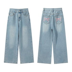 🦋VEVE Bow Embroidered Jeans Ballet Style Straight Leg Jeans Light Blue Denim Wide Leg Pants