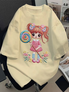 Cute Girl Printed Short Sleeve T-Shirt Pure Cotton Loose Summer Casual Style round Neck Top for Boys And Girls