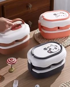 Tempat Makan Plastik Dua Susun Karakter Bear Panda Free Alat Makan Anti Tumpah / Lunch Box Set Anak