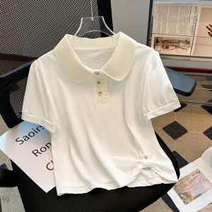 White Short Sleeve T-Shirt Women Summer Loose Simple Doll Collar Base Shirt Fashion Slimming Small Top Korean Style Knitted Polyester Fiber