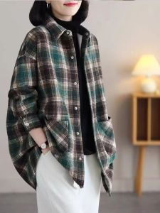 Áo Sơ Mi Kẻ Caro Dài Vừa Phải Cho Nữ Mùa Xuân Thu Thường Ngày Cỡ Lớn Áo Khoác Ngoài POLO Cổ Tay Dài Dáng Rộng Thoải Mái