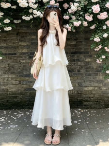 SUSIEYUAN | French White Halter Neck Long Dress Summer Holiday Stylish Unique