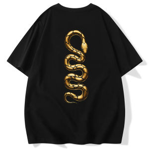 Gold Snake Year Print Short Sleeve T-Shirt Mens Fashion Punk Style Large Size Summer New Arrival Urban Breathable Cotton Tee