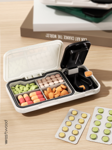 Portable Japanese Style Medicine Cutter Tablet Splitter Fourths Halves Medicine Box Durable Storage Organizer for Home Use