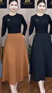 Chân váy xòe dáng dài xếp ly có BIGSIZE  chất FORT HÀN CHÂU CÓ KHÓA KÉO-VKK