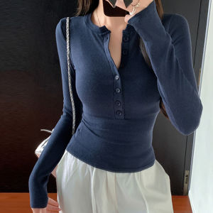 Solid Single Breasted Long Sleeve T-shirt Women Slim Fit Long Sleeve Tops 2025 Autumn Fashion Casual Basic T-shirt