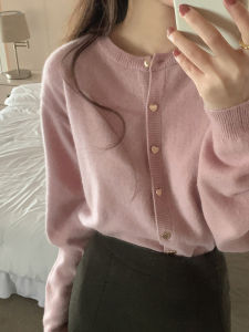 Pink Bear Fleece Heart Buckle Knitted Sweater Womens Short Loose Cardigan Coat Spring Autumn Korean Style Leisure Fashion