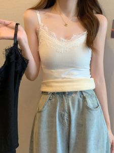 เสื้อกล้ามสายเดี่ยวลูกไม้คอวีสีขาวสำหรับผู้หญิงชุดสูทกันหนาวบุขนหลังสวยสำหรับฤดูหนาวเสื้อตัวในใส่ด้านในเสื้อถักเสื้อท่อนบน