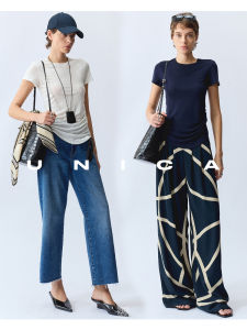 UNICA Lightweight Wool Elastic Short Sleeve T-Shirt Drawstring Comfortable Casual Style round Neck Top for Young Women