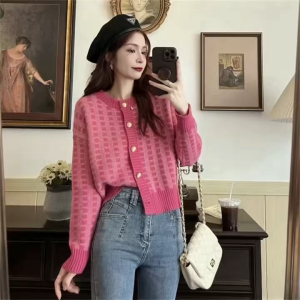 Korean Fashion Checked Soft Long-Sleeved Gentle Fashion Long Sleeve knit Button Down Top 2550