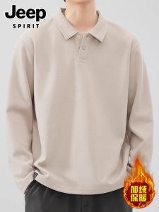 Jeep Spirit Long Sleeve Polo Shirt Mens Casual Sportswear Pure Color Spring Autumn Fashionable Button up Cotton Polyester